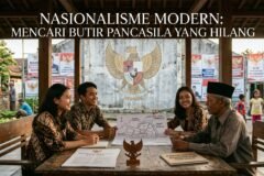 Generasi muda berdialog langsung bersama warga di bawah naungan lambang Garuda, wujud nyata reaktualisasi nilai musyawarah dan gotong royong agar Pancasila tak sekadar menjadi retorika hafalan, melainkan aksi nyata di tengah masyarakat.