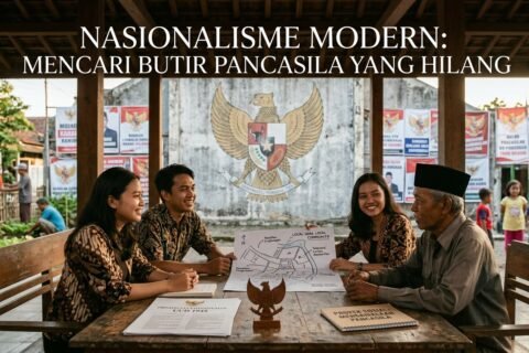 Generasi muda berdialog langsung bersama warga di bawah naungan lambang Garuda, wujud nyata reaktualisasi nilai musyawarah dan gotong royong agar Pancasila tak sekadar menjadi retorika hafalan, melainkan aksi nyata di tengah masyarakat.