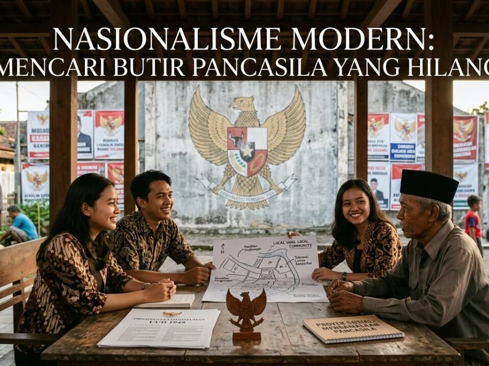 Generasi muda berdialog langsung bersama warga di bawah naungan lambang Garuda, wujud nyata reaktualisasi nilai musyawarah dan gotong royong agar Pancasila tak sekadar menjadi retorika hafalan, melainkan aksi nyata di tengah masyarakat.
