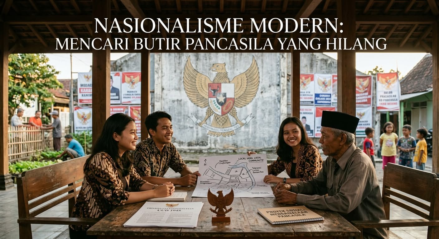 Generasi muda berdialog langsung bersama warga di bawah naungan lambang Garuda, wujud nyata reaktualisasi nilai musyawarah dan gotong royong agar Pancasila tak sekadar menjadi retorika hafalan, melainkan aksi nyata di tengah masyarakat.