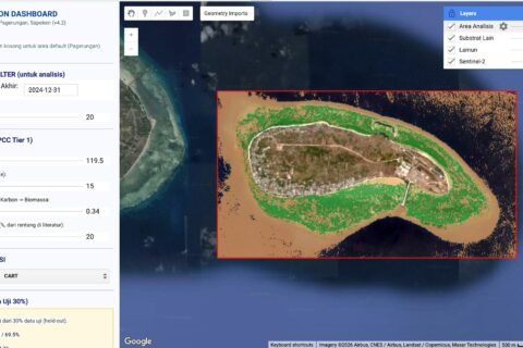 Tampilan visual antarmuka sistem Advanced Blue Carbon Dashboard berbasis Digital Twin yang dikembangkan tim mahasiswa UMM untuk memetakan tutupan lamun dan cadangan karbon di perairan Pulau Pagerungan, Sapekan, Sumenep.