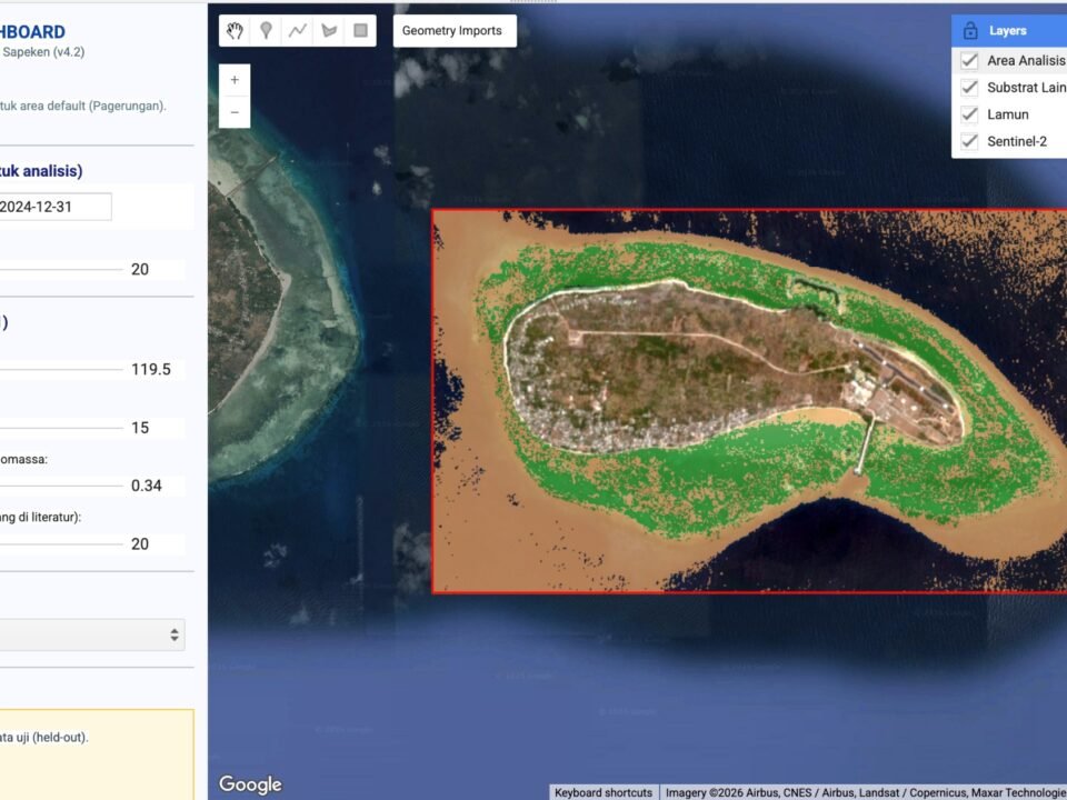 Tampilan visual antarmuka sistem Advanced Blue Carbon Dashboard berbasis Digital Twin yang dikembangkan tim mahasiswa UMM untuk memetakan tutupan lamun dan cadangan karbon di perairan Pulau Pagerungan, Sapekan, Sumenep.