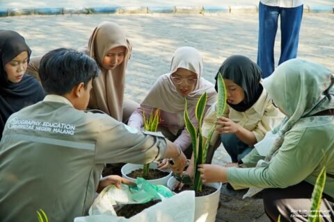 Mahasiswa Universitas Negeri Malang (UM) dari jurusan Pendidikan Geografi sedang bergotong royong menanam Sansevieria dalam pot di area kampus sebagai bagian dari aksi nyata memperingati Hari Ozon Sedunia.
