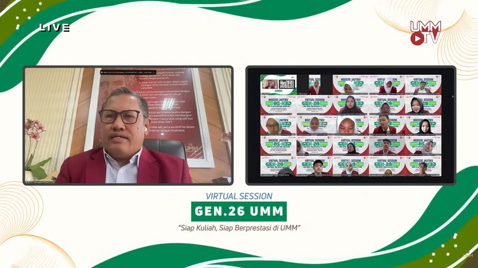 Suasana seru Pra-Pesmaba 2026 UMM. Rektor Nazaruddin Malik memaparkan 3 pilar "ESC" di hadapan ribuan "Gen 26" yang bergabung secara virtual, menyebarkan semangat "Siap Kuliah, Siap Berprestasi".