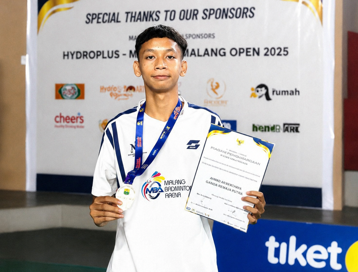 Raut bangga Adipura Saka Darah Biru Wibisono, siswa SMAN 6 Kota Malang, saat memamerkan medali dan piagam penghargaan usai sukses meraih Juara 3 Ganda Remaja Putra di ajang Kejurkot Badminton Malang.