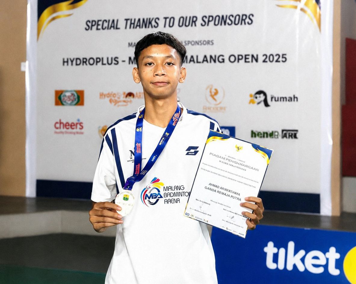 Raut bangga Adipura Saka Darah Biru Wibisono, siswa SMAN 6 Kota Malang, saat memamerkan medali dan piagam penghargaan usai sukses meraih Juara 3 Ganda Remaja Putra di ajang Kejurkot Badminton Malang.