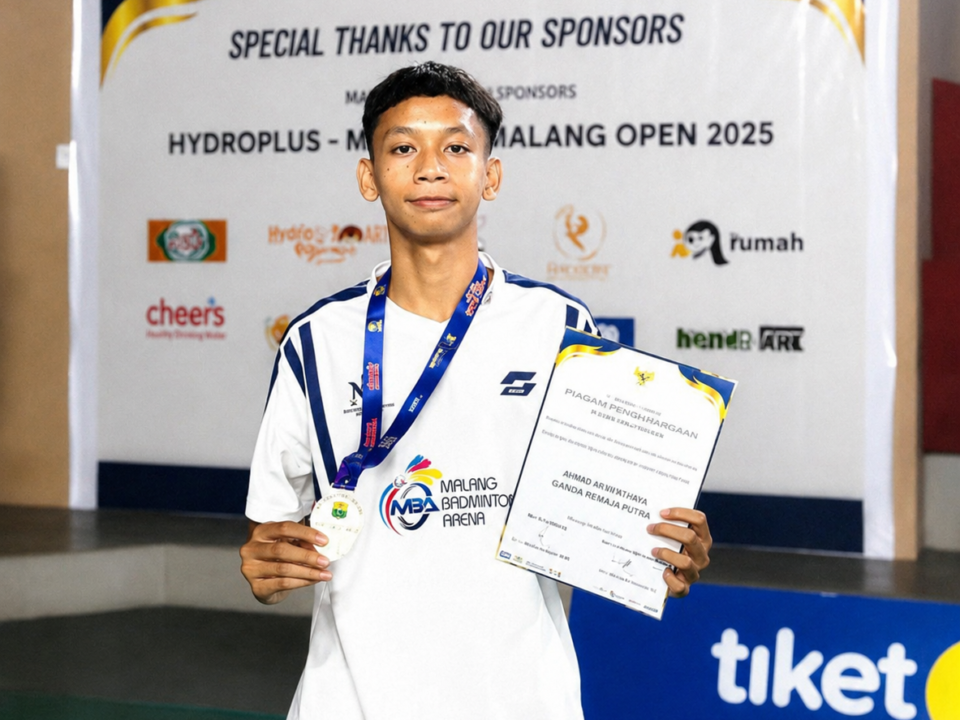 Raut bangga Adipura Saka Darah Biru Wibisono, siswa SMAN 6 Kota Malang, saat memamerkan medali dan piagam penghargaan usai sukses meraih Juara 3 Ganda Remaja Putra di ajang Kejurkot Badminton Malang.