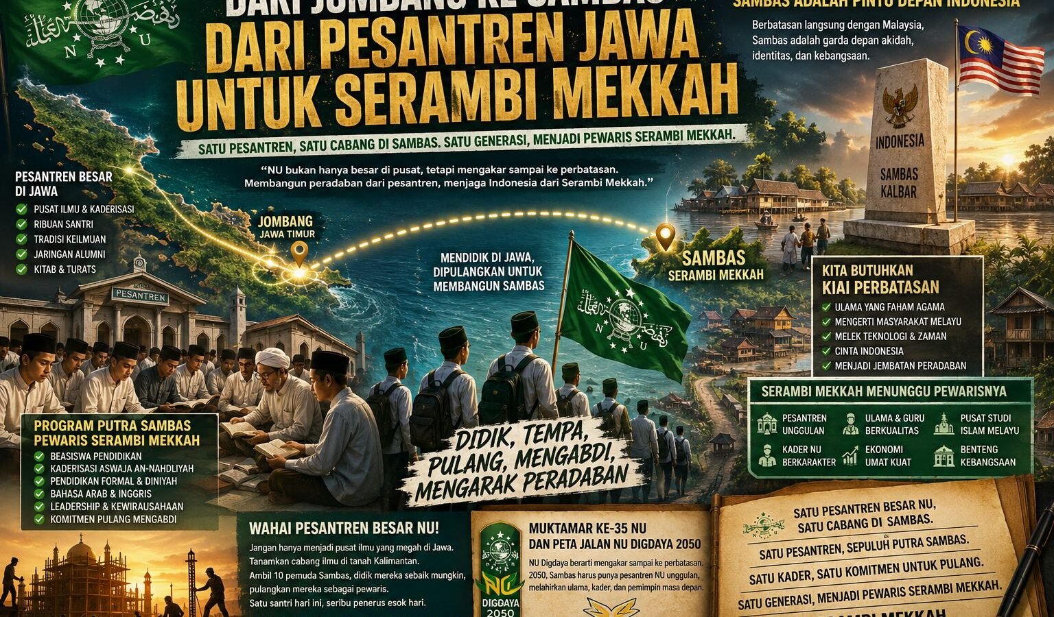 Poster infografis yang memvisualisasikan gagasan perluasan akar pendidikan Nahdlatul Ulama dari pusatnya di Pulau Jawa menuju Sambas, Kalimantan Barat.