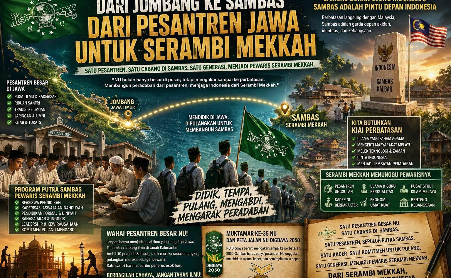 Poster infografis yang memvisualisasikan gagasan perluasan akar pendidikan Nahdlatul Ulama dari pusatnya di Pulau Jawa menuju Sambas, Kalimantan Barat.