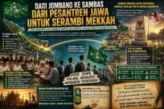 Poster infografis yang memvisualisasikan gagasan perluasan akar pendidikan Nahdlatul Ulama dari pusatnya di Pulau Jawa menuju Sambas, Kalimantan Barat.