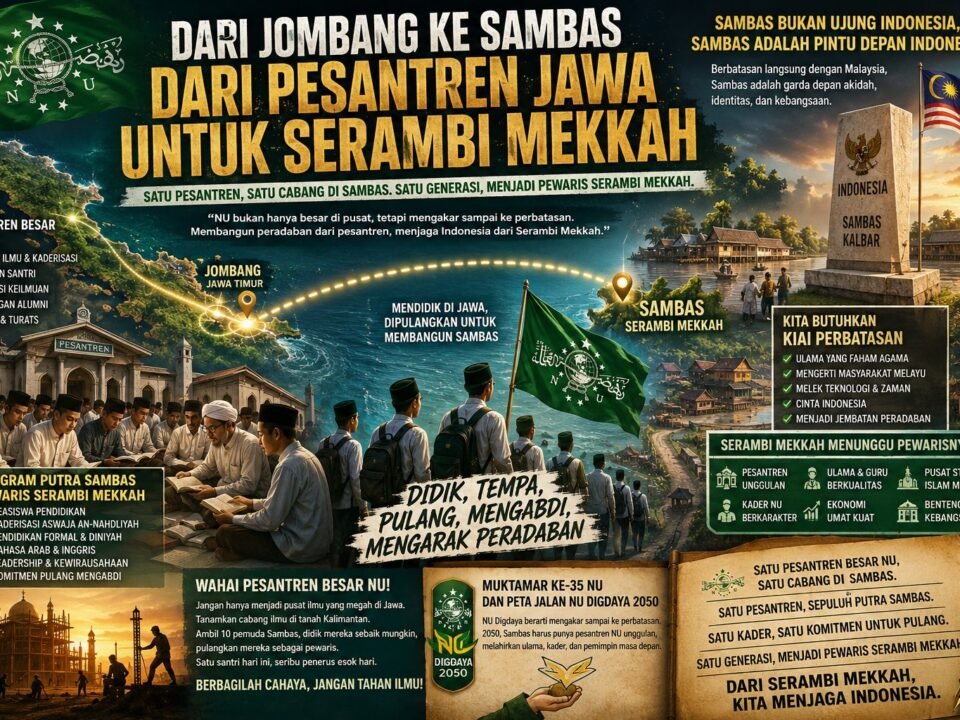 Poster infografis yang memvisualisasikan gagasan perluasan akar pendidikan Nahdlatul Ulama dari pusatnya di Pulau Jawa menuju Sambas, Kalimantan Barat.