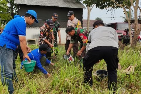 Sinergi aparat TNI, Polri, dan warga Kelurahan Arjowinangun, Kota Malang, saat bergotong royong menanam bibit pohon dalam rangkaian karya bakti penghijauan menyambut HUT TNI ke-81, Selasa (8/9).