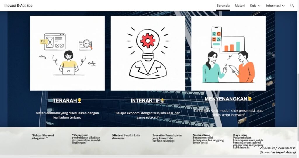 Tampilan antarmuka halaman depan website D-ACT ECO yang dirancang terarah, interaktif, dan menyenangkan untuk mendukung eksplorasi materi ekonomi secara digital.