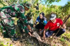 Anggota Koramil 0833-05/Lowokwaru bersama warga Tunjungsekar bergotong royong menanam bibit pohon dalam Karya Bakti TNI untuk memperingati HUT ke-81 TNI di Malang, Sabtu (5/9).