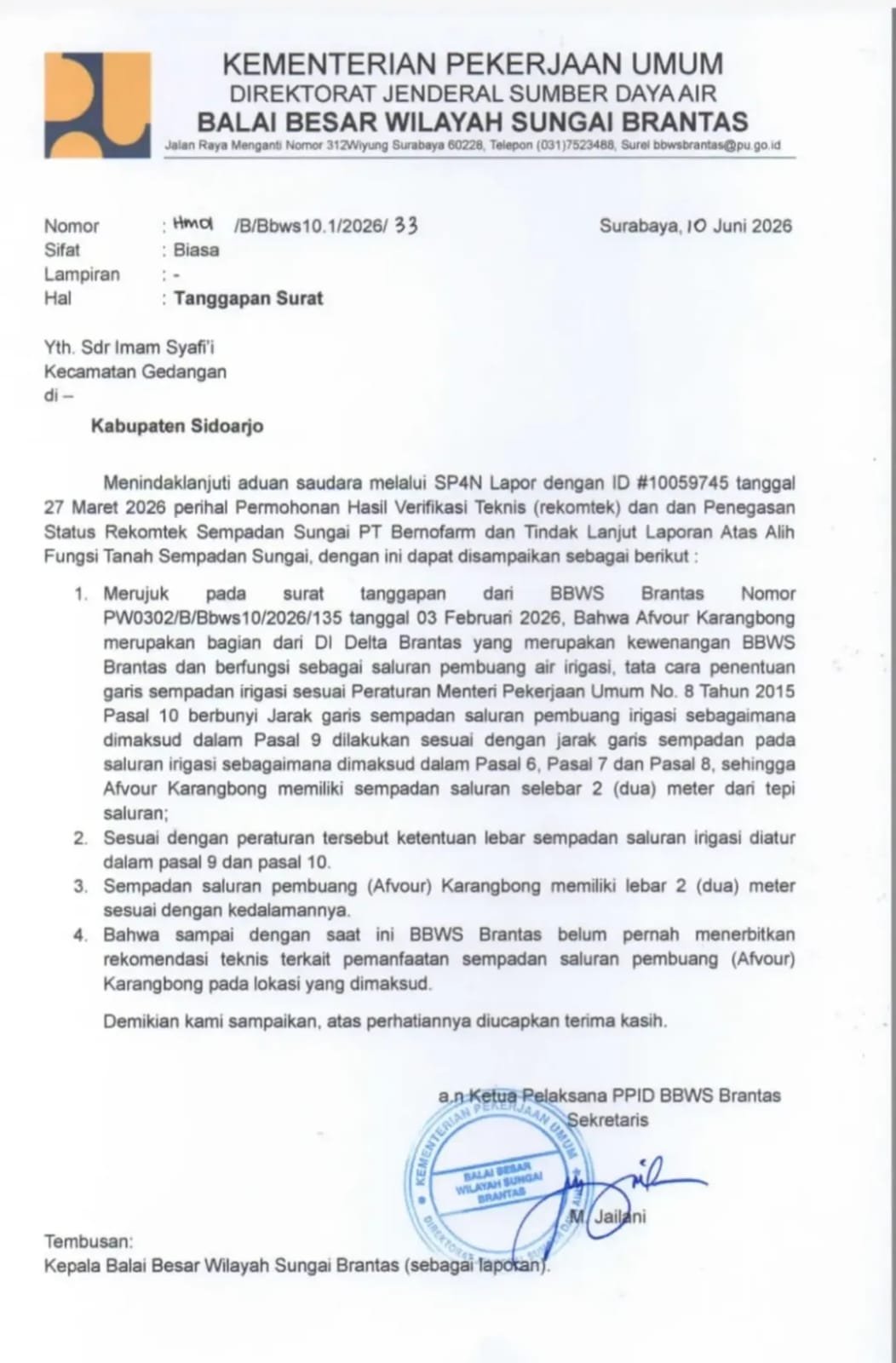 Tajam ke Bawah Tumpul ke Atas: Imam Syafi’i Protes Siasat Pemutihan Sempadan Sungai PT Bernofarm di Sidoarjo