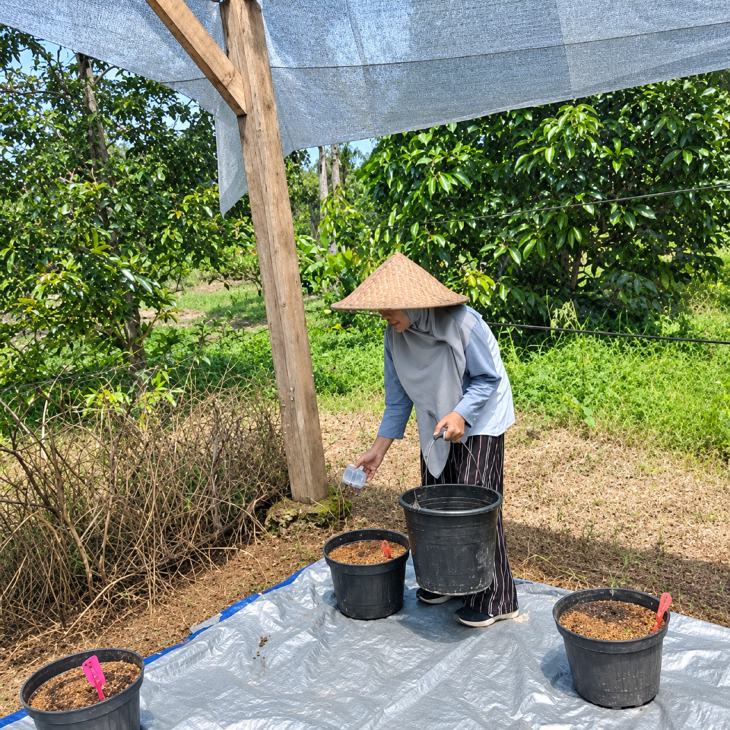 Peneliti saat melakukan uji coba skala pot di lapangan
