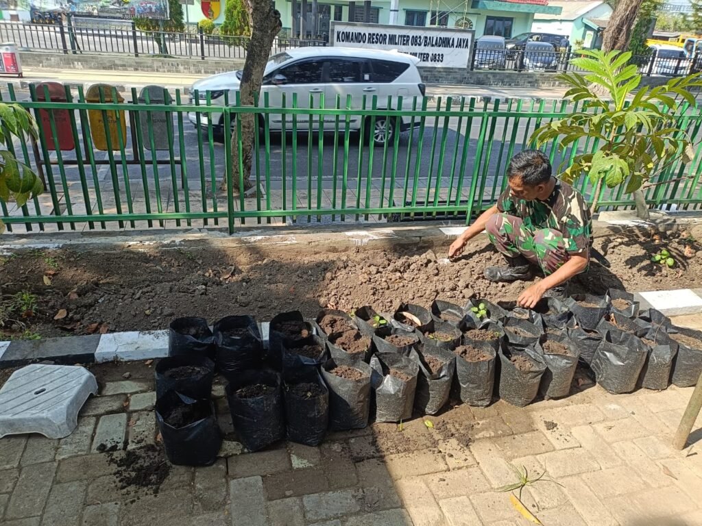Seorang personel Koramil Klojen meratakan tanah dan menyiapkan media tanam di pekarangan makoramil demi menunjang pertumbuhan bibit secara optimal.