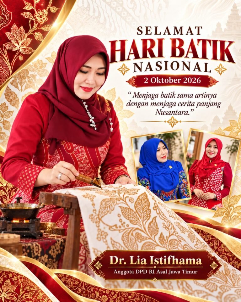 Anggota DPD RI asal Jawa Timur, Dr. Lia Istifhama, saat menyemarakkan peringatan Hari Batik Nasional 2026 dengan mengajak masyarakat serta generasi muda untuk terus mencintai dan merawat warisan budaya Nusantara.
