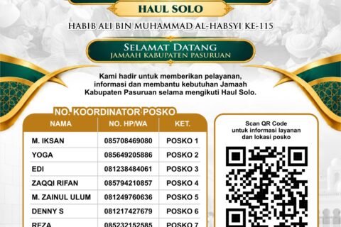 Poster daftar kontak koordinator dan titik lokasi 8 posko pelayanan serta ambulans gratis Pemkab Pasuruan untuk jemaah Haul Solo ke-115 tahun 2026