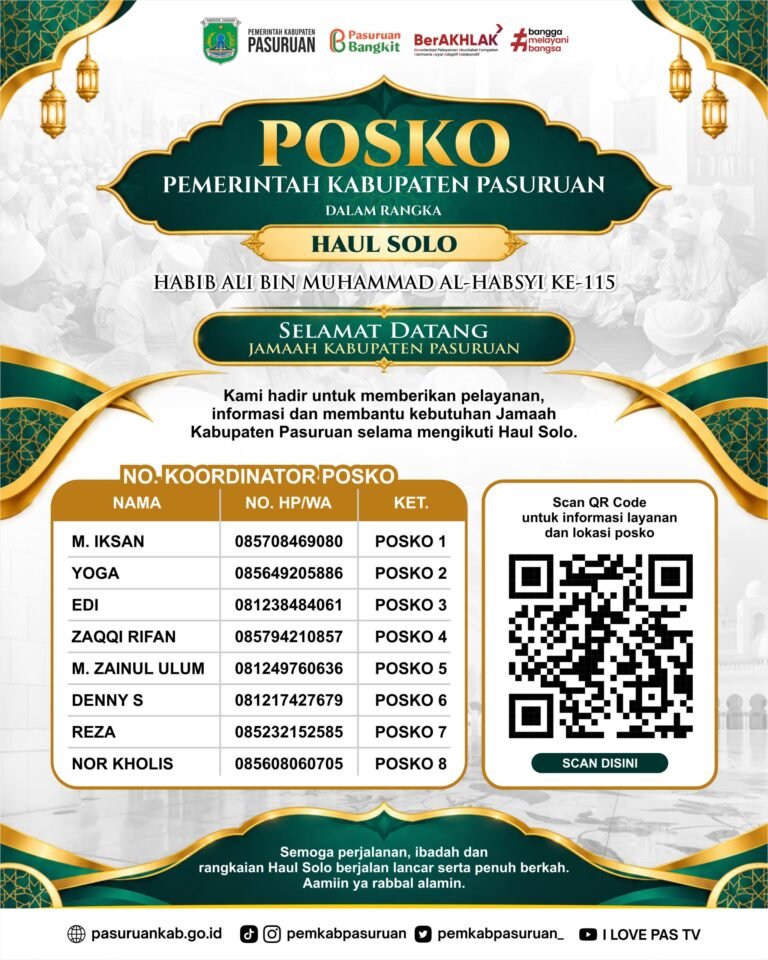 Poster daftar kontak koordinator dan titik lokasi 8 posko pelayanan serta ambulans gratis Pemkab Pasuruan untuk jemaah Haul Solo ke-115 tahun 2026