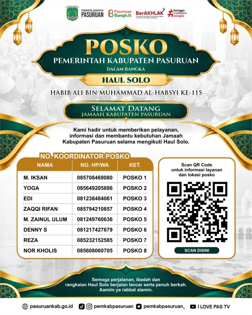 Poster daftar kontak koordinator dan titik lokasi 8 posko pelayanan serta ambulans gratis Pemkab Pasuruan untuk jemaah Haul Solo ke-115 tahun 2026