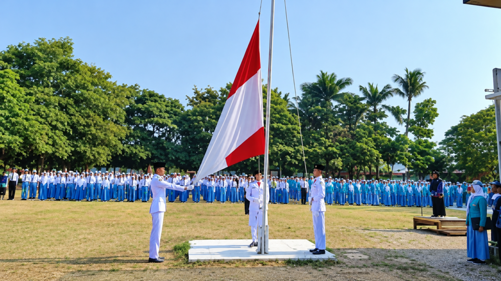 Petugas pengibar bendera sukses menjalankan tugasnya dengan khidmat dalam upacara HUT ke-81 Provinsi Jawa Timur di SMAN 6 Kota Malang.