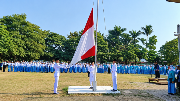 Petugas pengibar bendera sukses menjalankan tugasnya dengan khidmat dalam upacara HUT ke-81 Provinsi Jawa Timur di SMAN 6 Kota Malang.