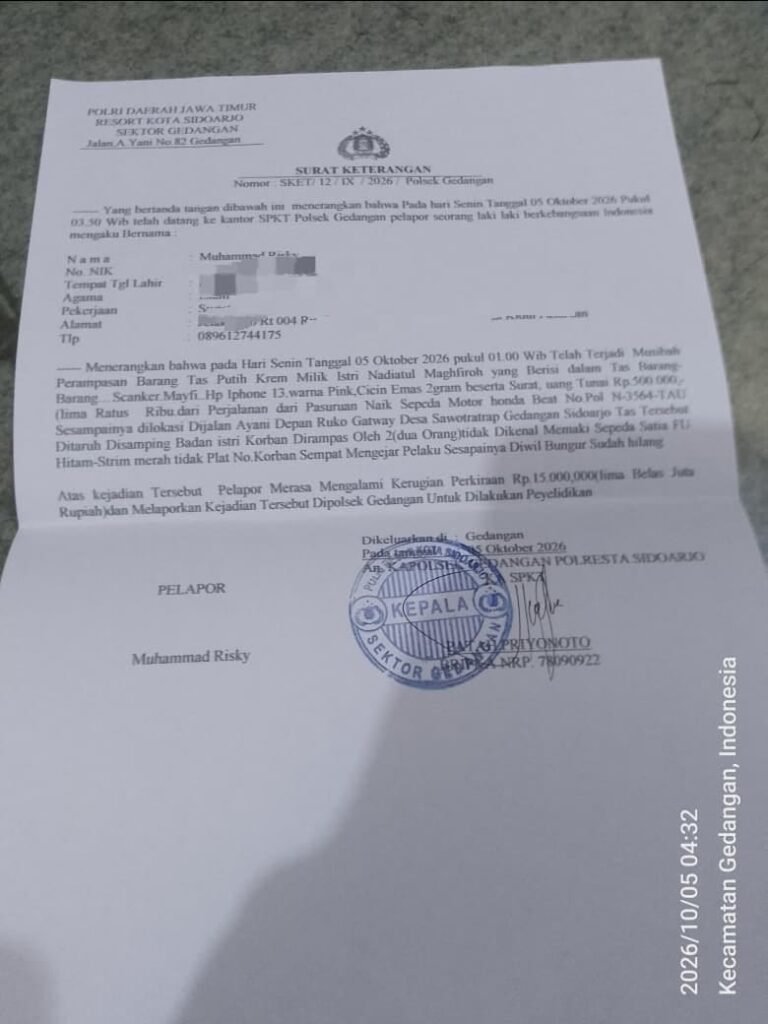 Surat Lapor kasus jambret yang dialami oleh Nadia.