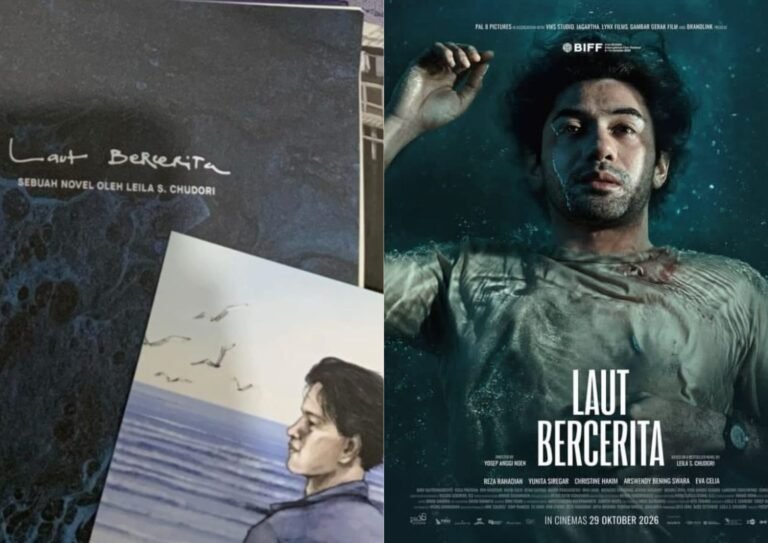 Sampul novel dan poster resmi film "Laut Bercerita" karya Leila S. Chudori yang diadaptasi ke layar lebar untuk merawat ingatan sejarah bangsa