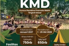 Flyer resmi SAKO Pramuka Pandu Ma’arif NU Kota Malang terkait pelaksanaan Kursus Pembina Pramuka Mahir Tingkat Dasar (KMD) yang dijadwalkan pada Januari 2027 mendatang.