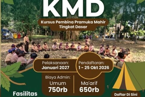Flyer resmi SAKO Pramuka Pandu Ma’arif NU Kota Malang terkait pelaksanaan Kursus Pembina Pramuka Mahir Tingkat Dasar (KMD) yang dijadwalkan pada Januari 2027 mendatang.