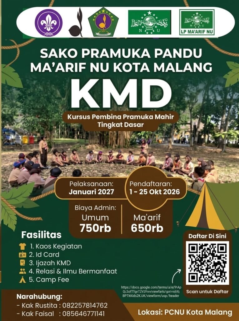 Flyer resmi SAKO Pramuka Pandu Ma’arif NU Kota Malang terkait pelaksanaan Kursus Pembina Pramuka Mahir Tingkat Dasar (KMD) yang dijadwalkan pada Januari 2027 mendatang.