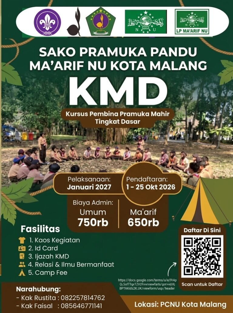 Flyer resmi SAKO Pramuka Pandu Ma’arif NU Kota Malang terkait pelaksanaan Kursus Pembina Pramuka Mahir Tingkat Dasar (KMD) yang dijadwalkan pada Januari 2027 mendatang.