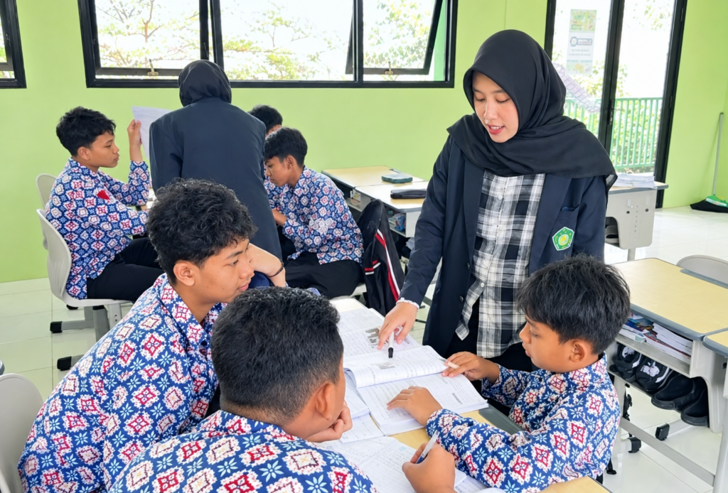 Mahasiswa pendamping membimbing siswa secara langsung dalam kegiatan pembelajaran di kelas.