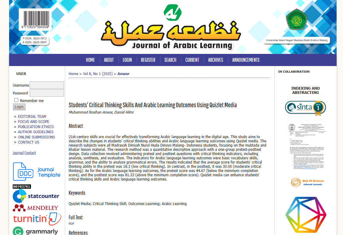 Mahasiswa PBA UIN Malang Publikasikan Riset Quizlet dan Pembelajaran Bahasa Arab di Jurnal SINTA 2
