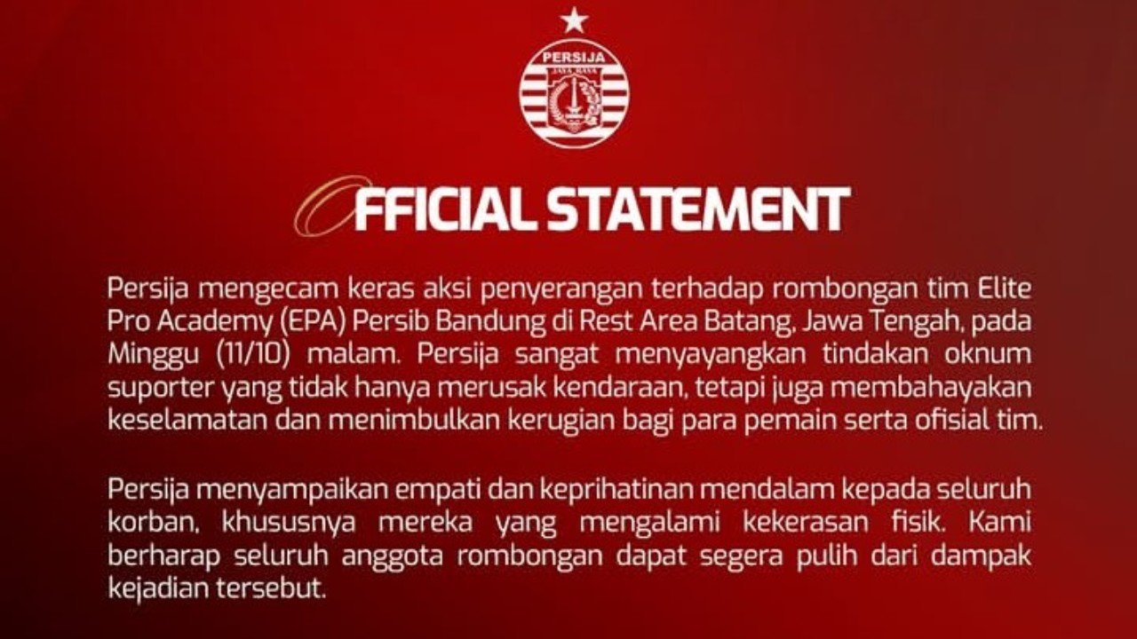 Pernyataan Persija Jakarta terhadap insiden penyerangan kepada rombongan Persib EPA U-18 di Batang./Instagram @persija