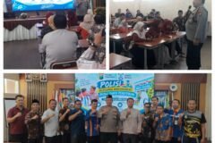 KBO Binmas Polres Pasuruan Iptu Bambang Hariyadi saat memberikan materi penyuluhan serta sesi foto bersama kepala sekolah dan dewan guru SMKN 1 Bangil.)