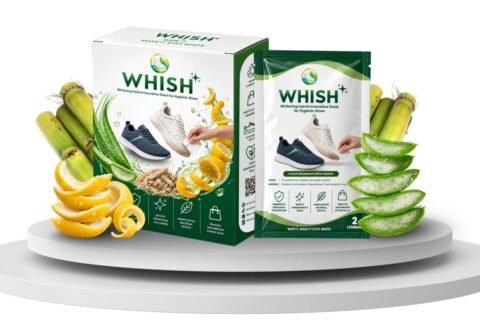 Tampilan kemasan produk WHISH (Whitening Hybrid Innovative Sheet for Hygienic Shoes) berbahan dasar ampas tebu dan ekstrak kulit lemon.