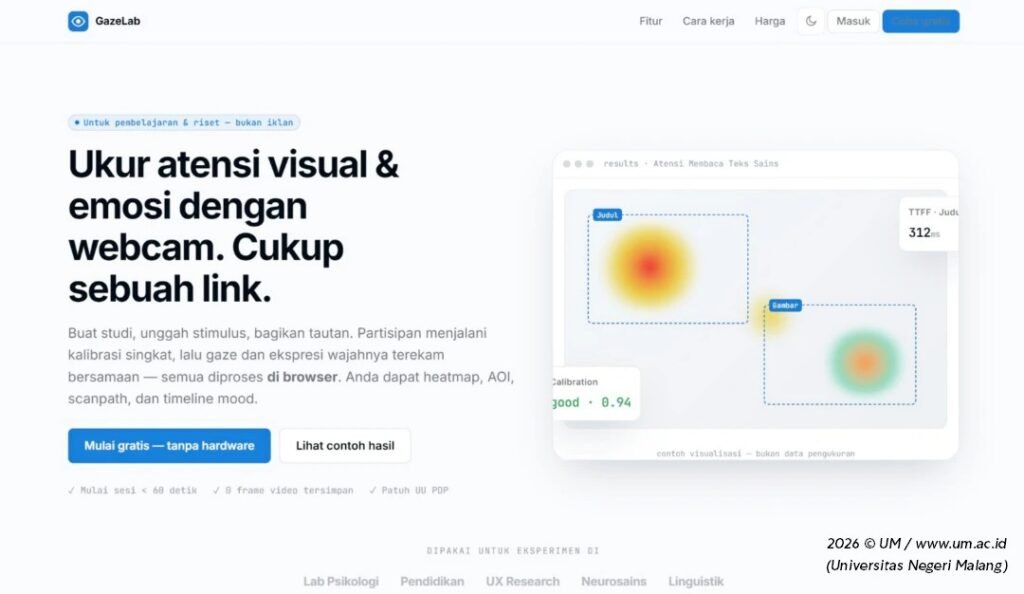 Tampilan antarmuka platform berbasis web Foveo-One yang dikembangkan tim peneliti Universitas Negeri Malang (UM) untuk mengukur atensi visual dan ekspresi emosi peserta didik secara praktis hanya menggunakan webcam dan tautan.