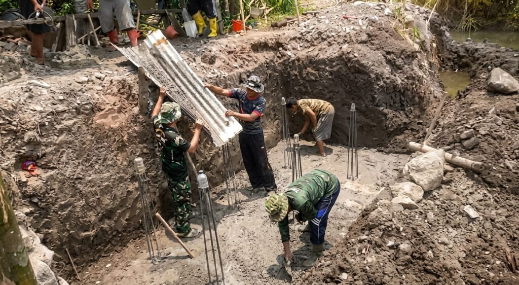 Pekerja dan personel TNI tampak meratakan adukan semen di sekitar kerangka besi tulangan untuk memastikan struktur dasar jembatan kokoh dan sesuai dengan tahapan pembangunan.
