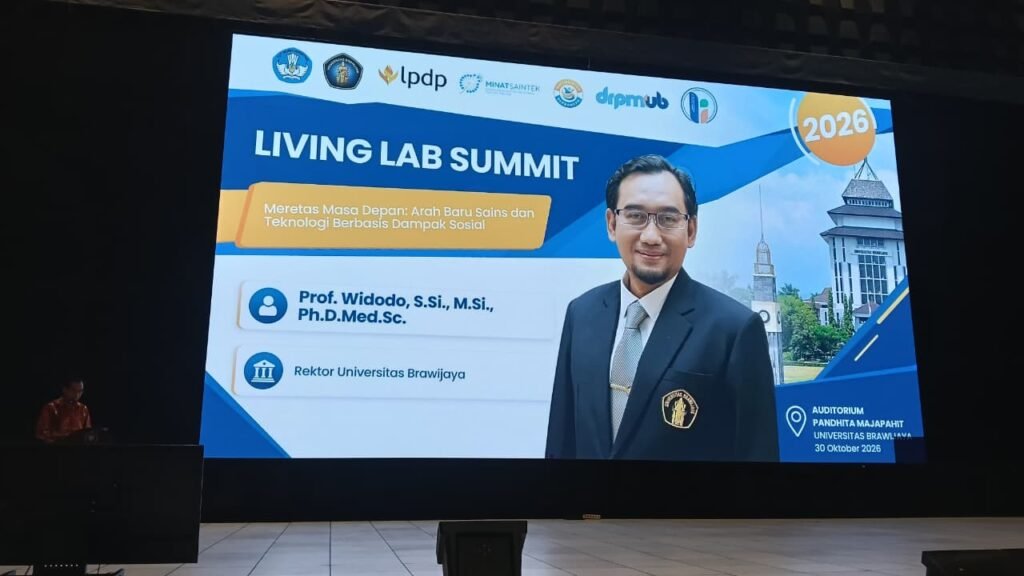 Tampilan layar utama seminar Living Lab Summit Universitas Brawijaya dengan profil Rektor UB Prof. Widodo.
